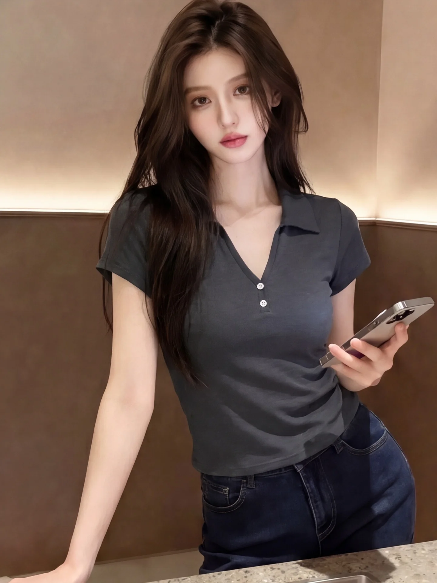 

Slim Fit Shirt Short V-Neck Design Summer New Style Women's Fashionable Classic Cotton Blend T-Shirt Commute Style Top