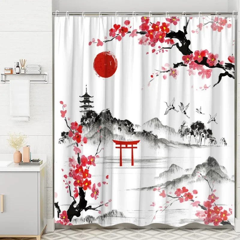 Japanese Shower Curtain, Traditional Ink Painting Cherry Blossom Mountain Butterfly Bird Cat Red Sun Boat Bathroom Decoration