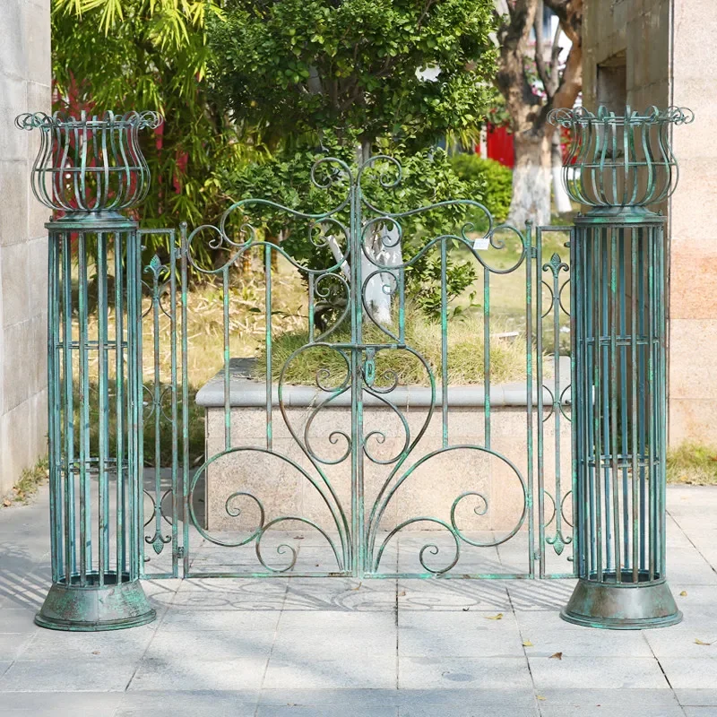Retro and old courtyard entrance door, garden door, outdoor rust-proof plant climbing vine decorative flower stand