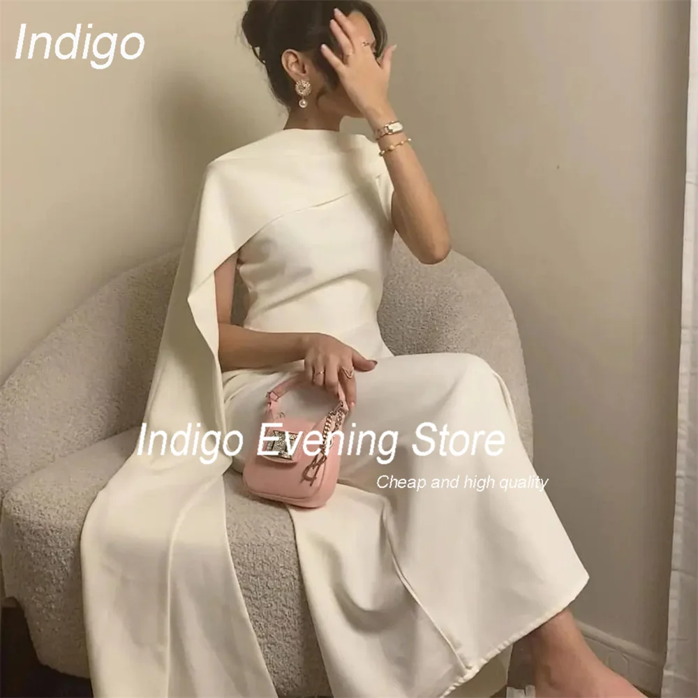 Indigo Mermaid Evening Dress O-Neck Crepe Ankle-Length Sleeveless Shawl Pleat Prom Gown Formal Occasion فساتين السهرة Customized