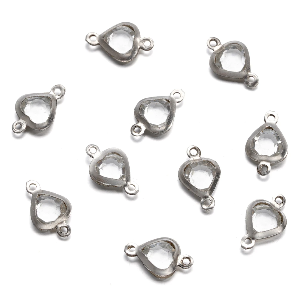 10pcs 7.5mm Stainless Steel Double Hole Heart Pendant Colorful Crystal Charms Connector for DIY Necklace Bracelet Jewelry Making