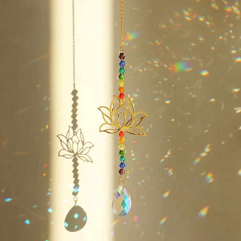 Sun Catcher Crystal Lotus Hanging Crystal Colored Glass Sun Catcher Outdoor Decoration Rainbow Maker Prism Chakra Garden Decorat