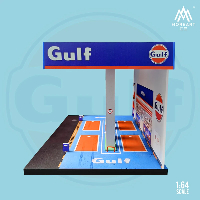 MoreArt 1/64 Car Model Scene Gulf Gas Station PVC Diorama Scene Storage Box Theme Display Cabinet Case Toy Gift (without car)