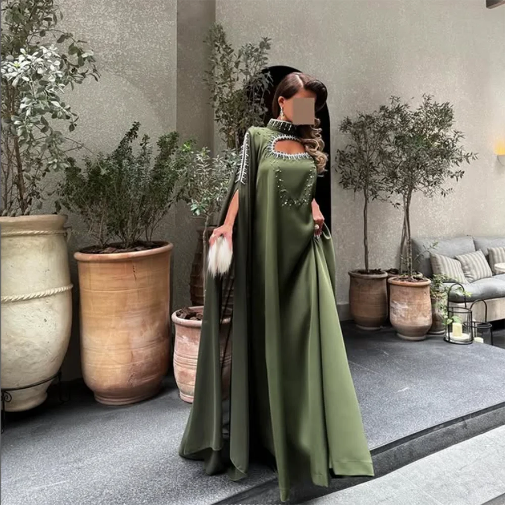 

Customized A-Line Prom Dresses Floor-Length High-Neck Full Sleeve Evening Gown Fashion Sequined Beading Draped Party Gown