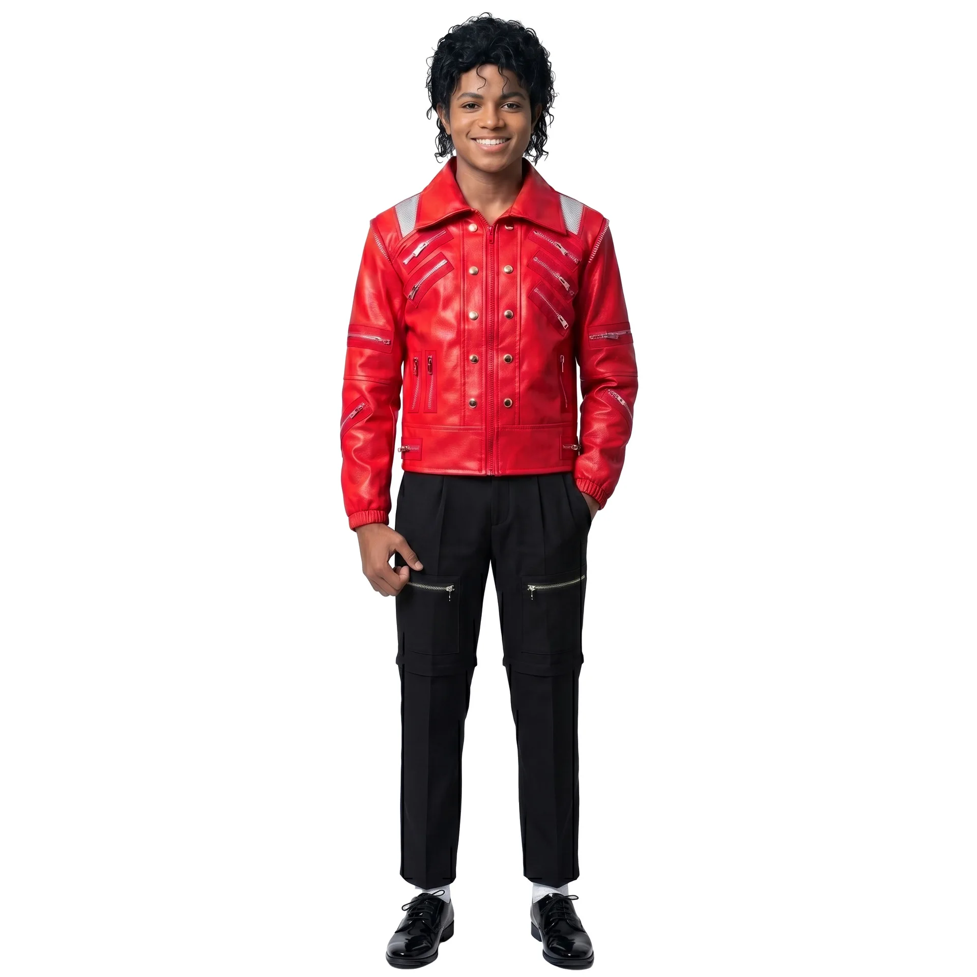 80s Retro Pop Star Costume Michael Jackson Style Beat It Red Leather Jacket Sunglasses Set Halloween Carnival Cosplay Outfit New view 2