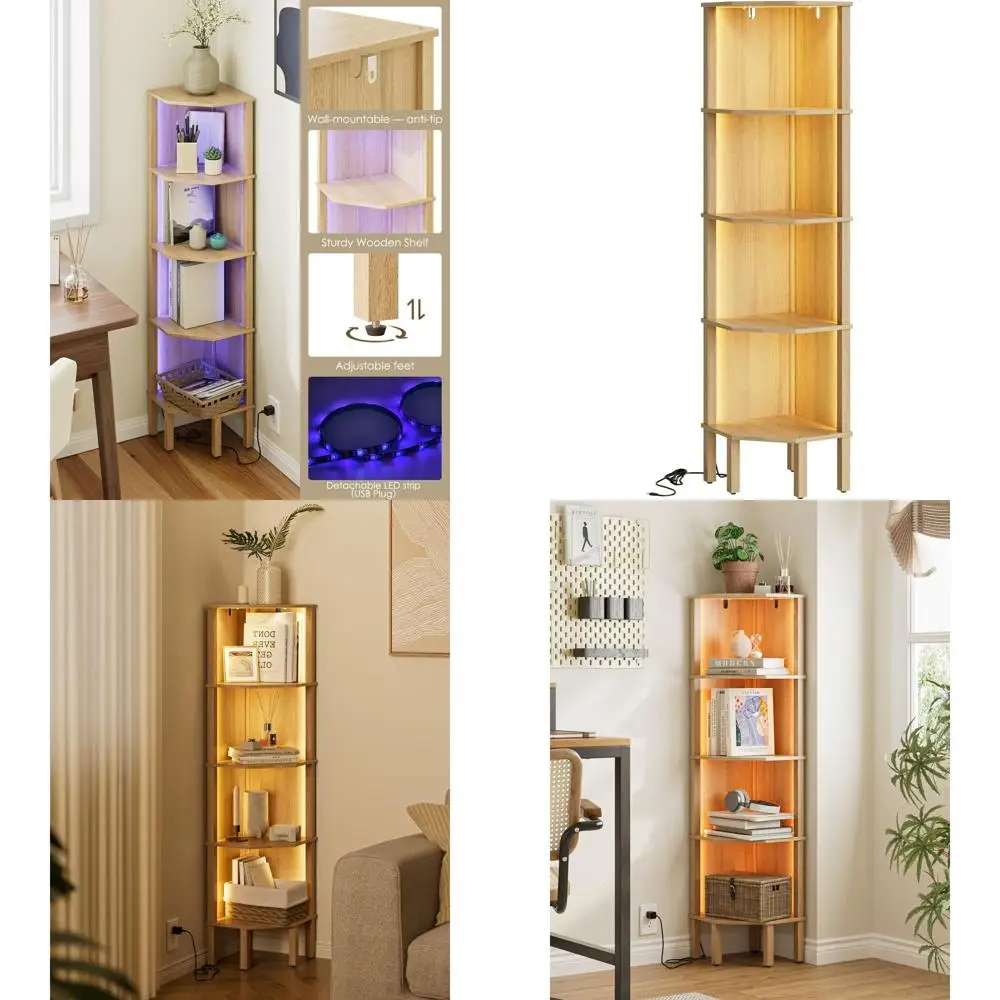 

5-Tier Wooden Bookshelf with Lighting for Bedroom or Living Room, Storage Rack for Small Spaces