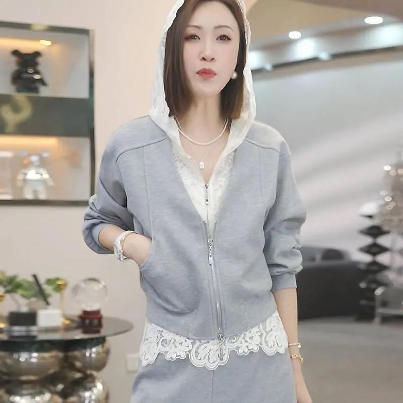 

Chic Spring Autumn Lace Hoodie Jacket And Pants Slimming Casual Two Piece Set Women's Fashion High Waist Long Pants Ensemble