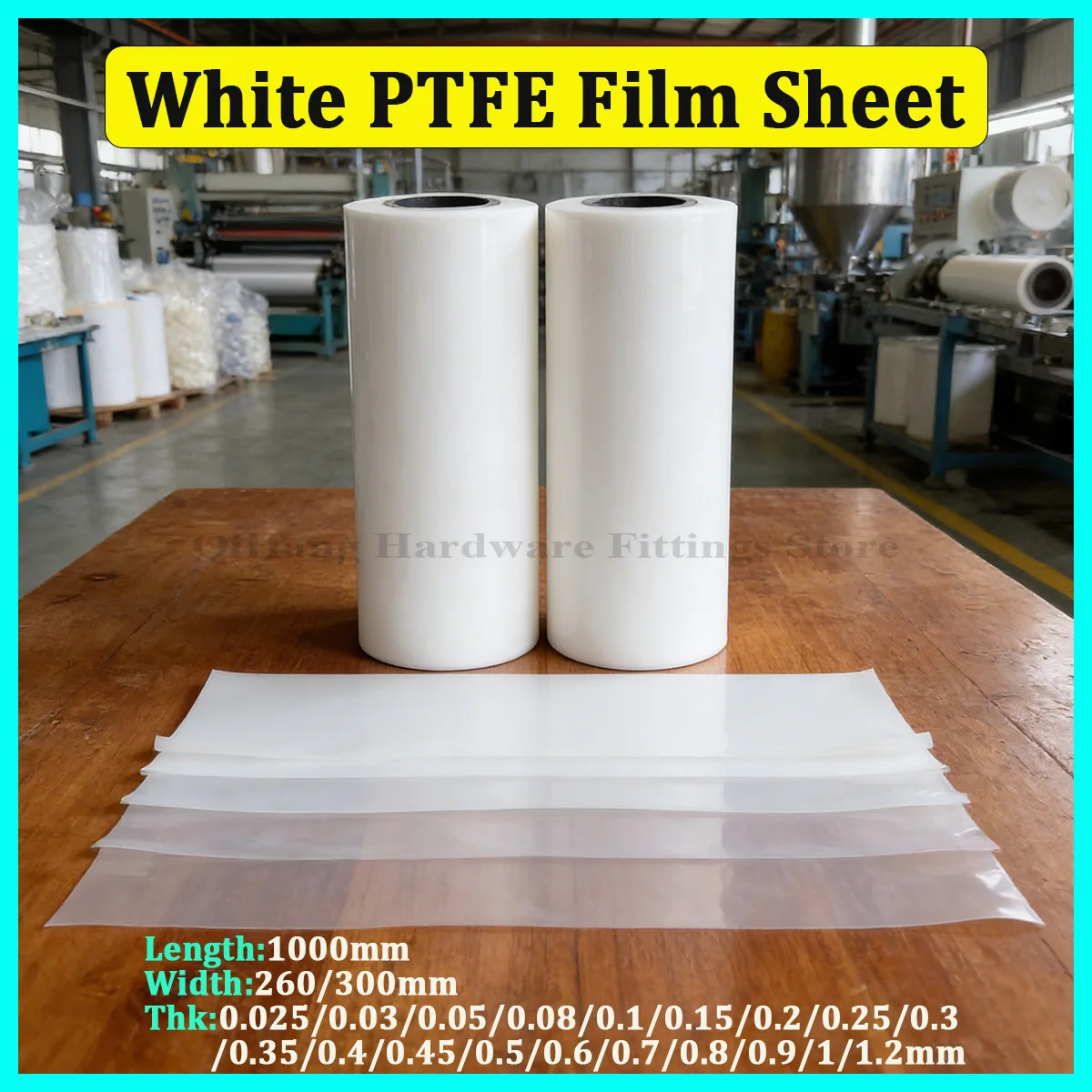 1m PTFE Film Sheet, 0.025-1.2mm Thick White Plate, 260/300mm Width, High Temperature Resistant, Non-stick