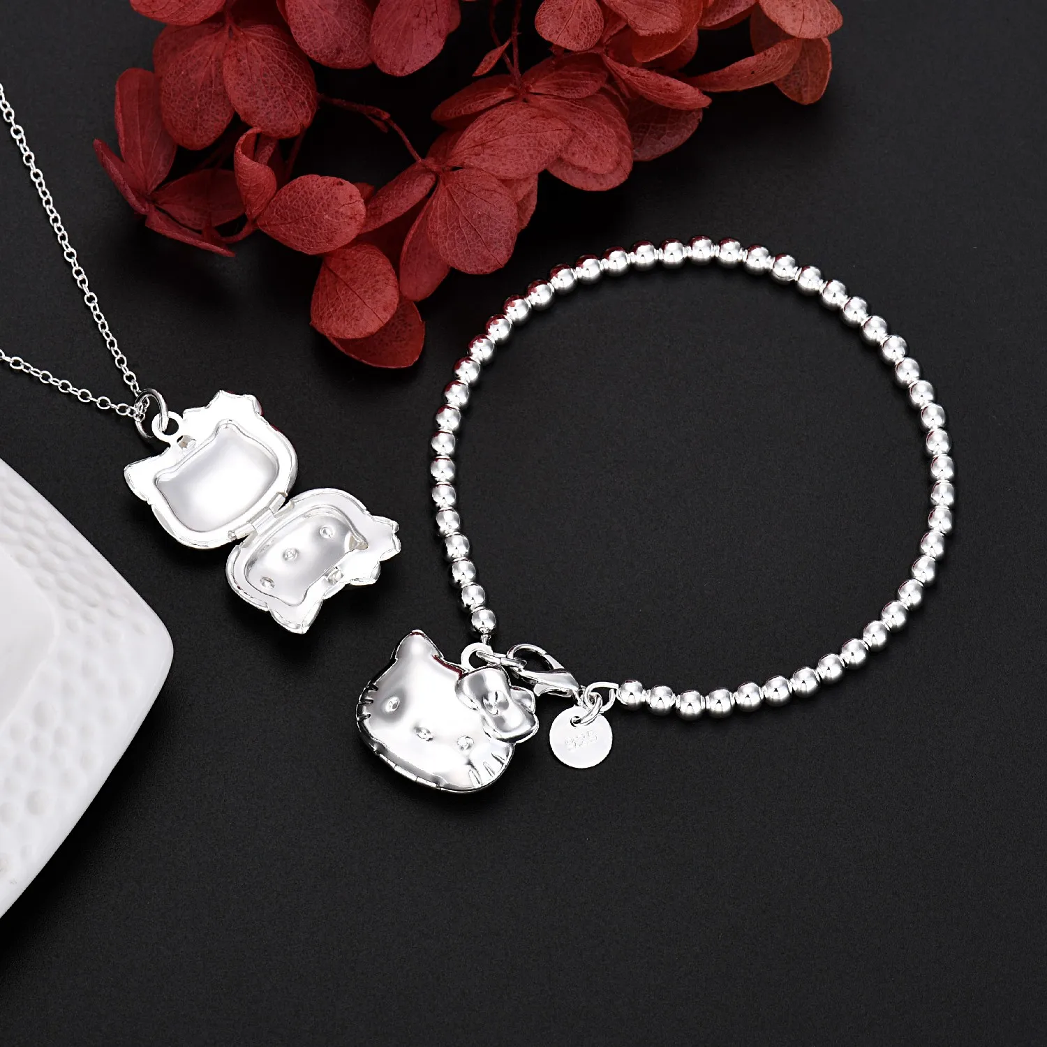 New luxury 925 Sterling Silver fine Cute Cat necklace bracelet for Women Jewelry set fashion designer Party Wedding Gifts