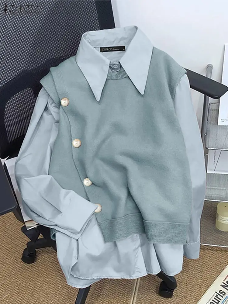 2025 ZANZEA Stylish Women Autumn Long Sleeve Blouse Fake 2 Pieces Tops Pullover Elegant Lapel Neck Office Work Shirt Mujer Femme