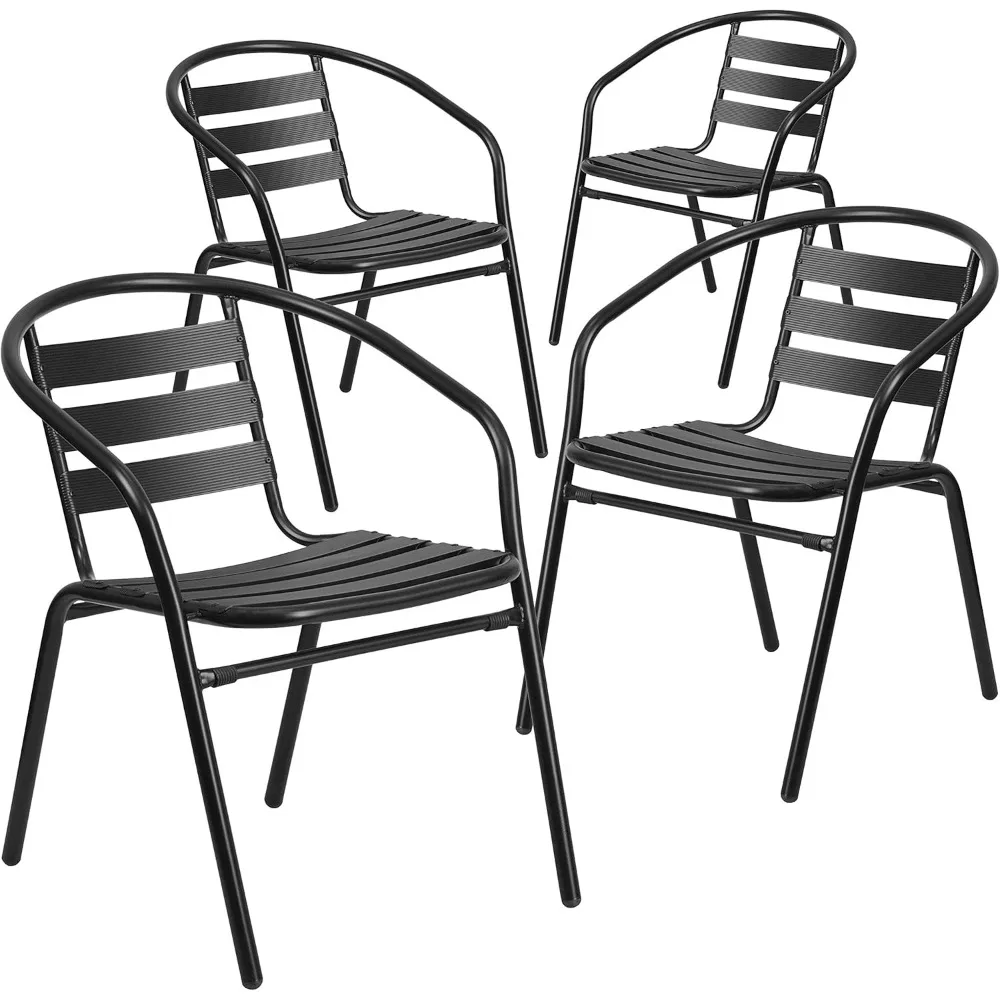 

Aluminum Slat Back Stacking Outdoor Restaurant Chairs, Modern Stackable Patio Chairs for Restaurants, Set of 4, Black