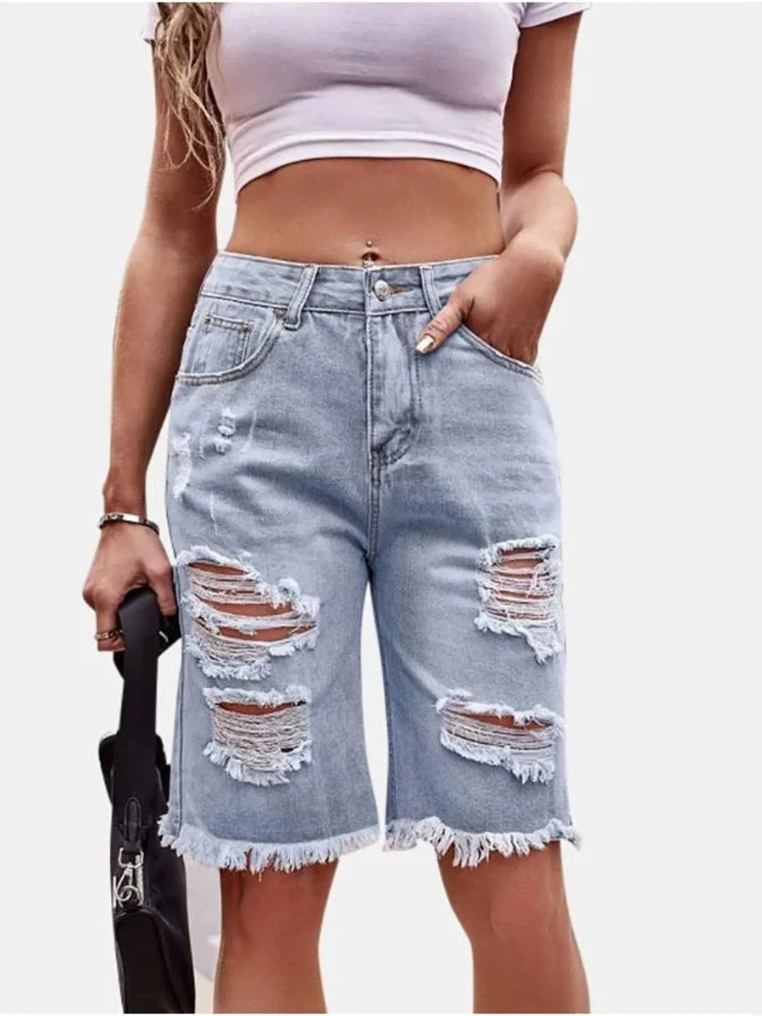Women's High Waist Ripped Cotton Denim Jorts Distressed Frayed Hem Loose Fit Knee Length Bermuda Shorts Y2K 2026 Summer Casual view 2