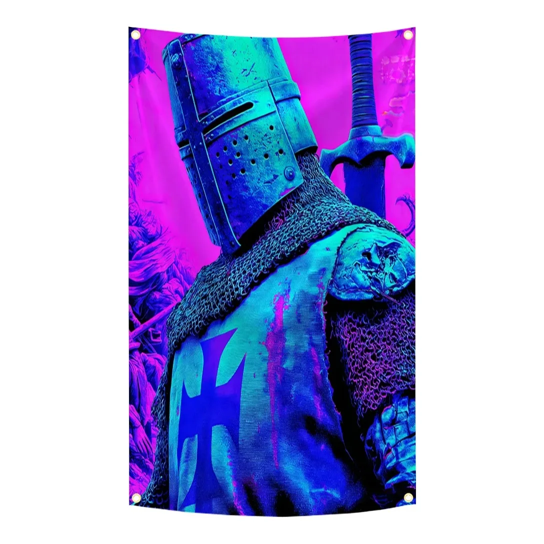 Knights Templar Crusader Knight On Horse Flag  Polyester Outdoor Banner  For Garage Man Cave Decor