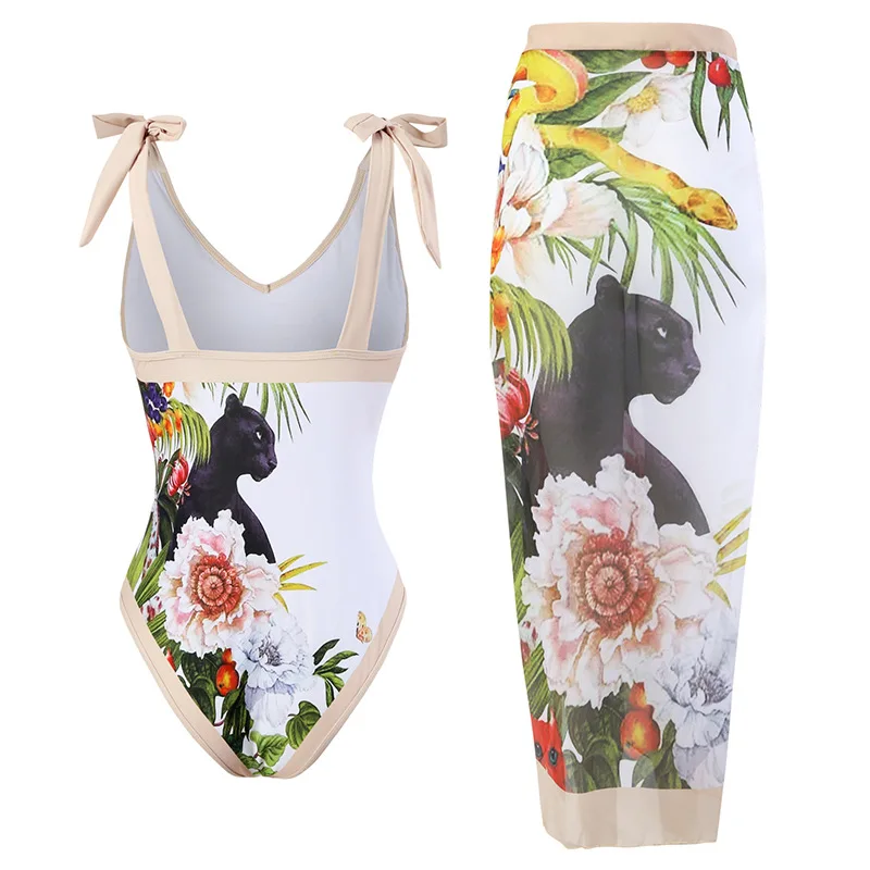 Bañador de dos piezas con estampado Floral y falda para mujer, traje de baño Retro con lazo para vacaciones, Monokini, Vestido de playa