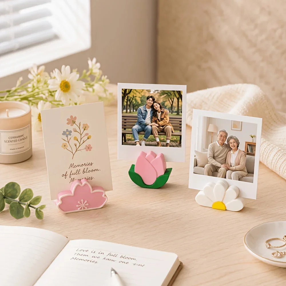 3 Pack Floral Photo Clips Tulip Cherry Blossom Daisy Desktop Card Holders Display Stands for Home Office Desk Room Decor