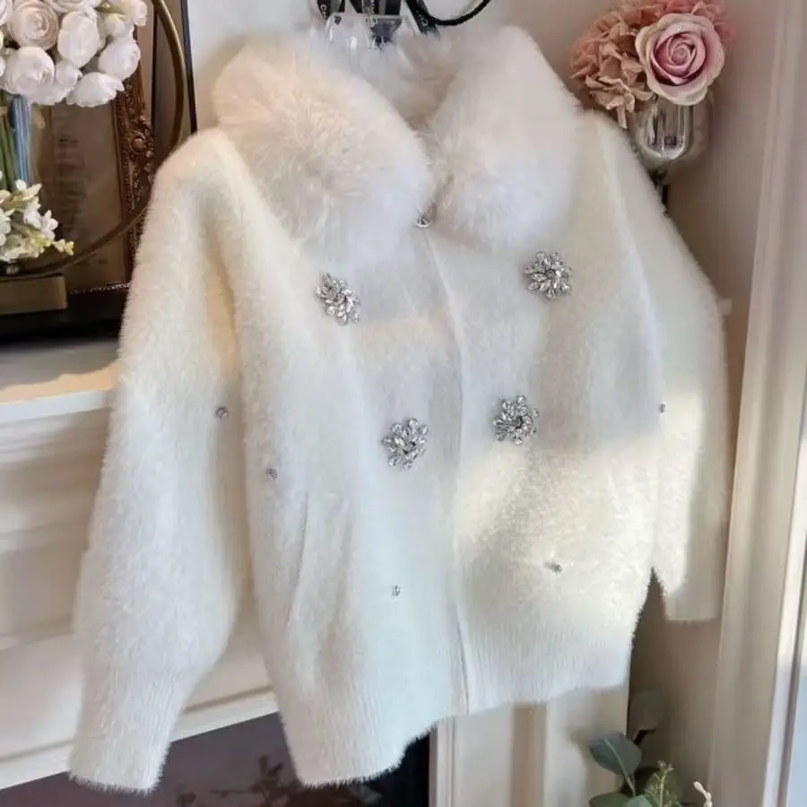 

Winter Trend New Heavy Industry Diamond Inlaid Faux Fox Fur Collar Knitwear Cardigan Coat Women's Mink Fur Thick Sweater Jacket