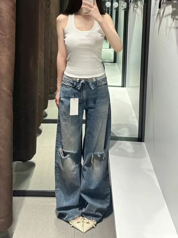 Spring Summer New Style Hot Girl Boyfriend Style Hole mid Waist Washed Commute Casual Flip  Jeans Cotton Natural Waist