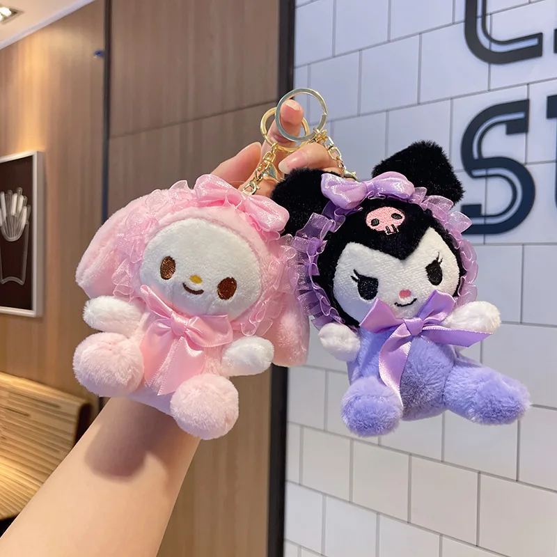 Cute Sanrio Plush Anime Cinnamoroll Kuromi My Melody Lace Headband Doll Keychain Kawaii Plush Toy Bag Charms Key Exquisite Chain