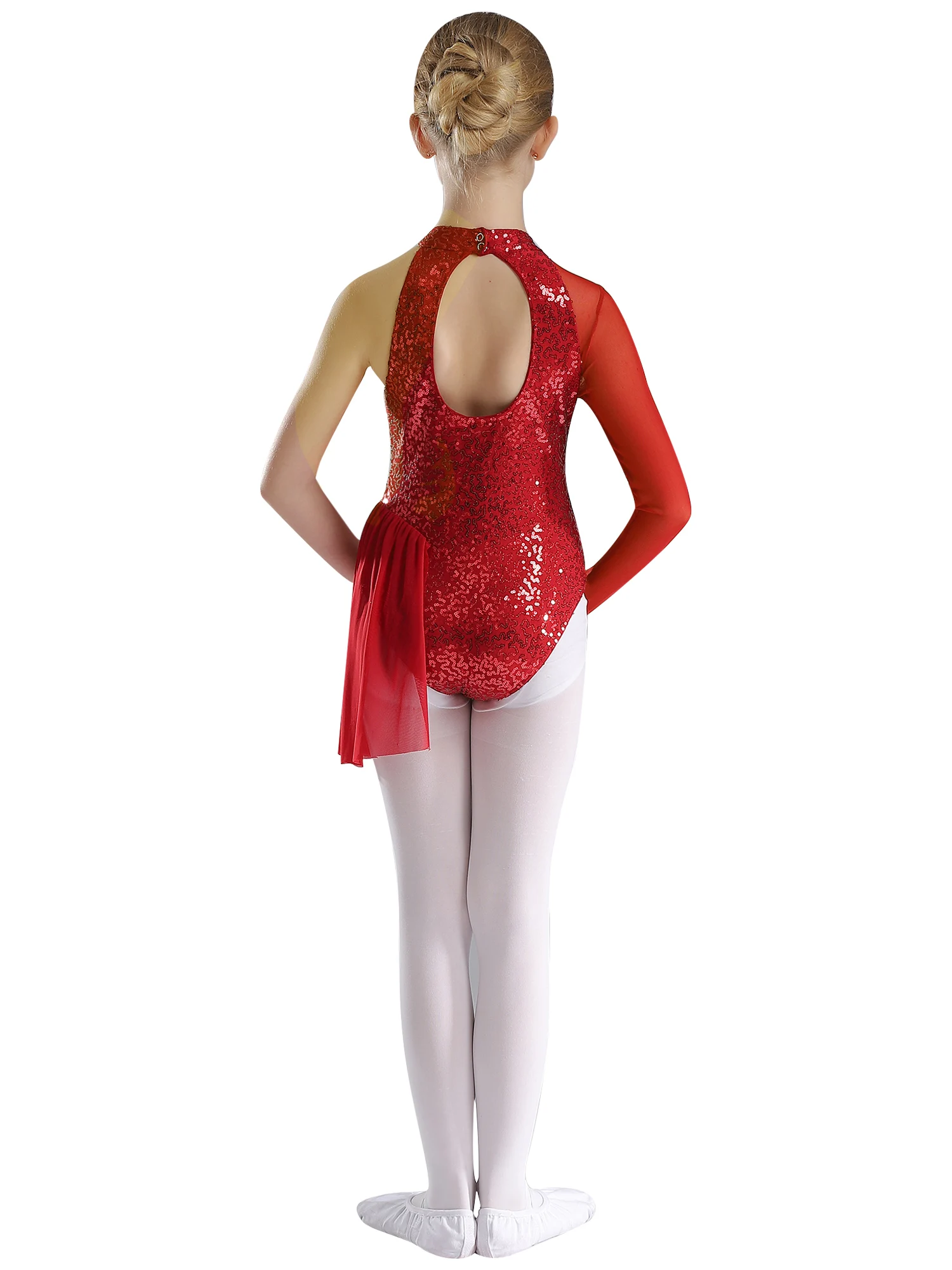 Children Girl Ballet Gymnastics Figure Skating Jazz Latin Dance Leotard One Shoulder Sequins Sheer Mesh Bodysuit for Party Prom