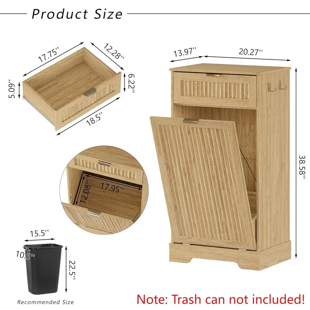 13 Gallon Wooden Latched Trash Cabinet with Hidden Storage for Kitchen or Living Room in Natural Oak