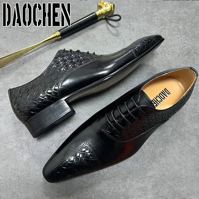 Luxury Men Leather Shoes Lace up Split Toe Weave Print Black Green Oxford Shoes Business Wedding casual men dress shoes