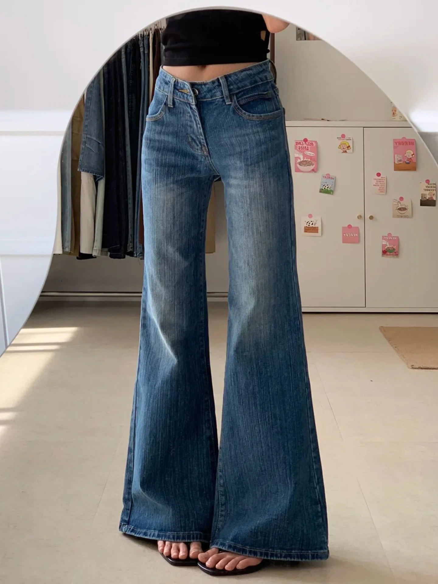 Slimfit แฟชั่นกางเกงบานสําหรับสุภาพสตรีการเดินทางทุกวันทั้งหมดตรงกับกางเกงขาตรงวินเทจคุณภาพสูงล้างกางเกงยีนส์