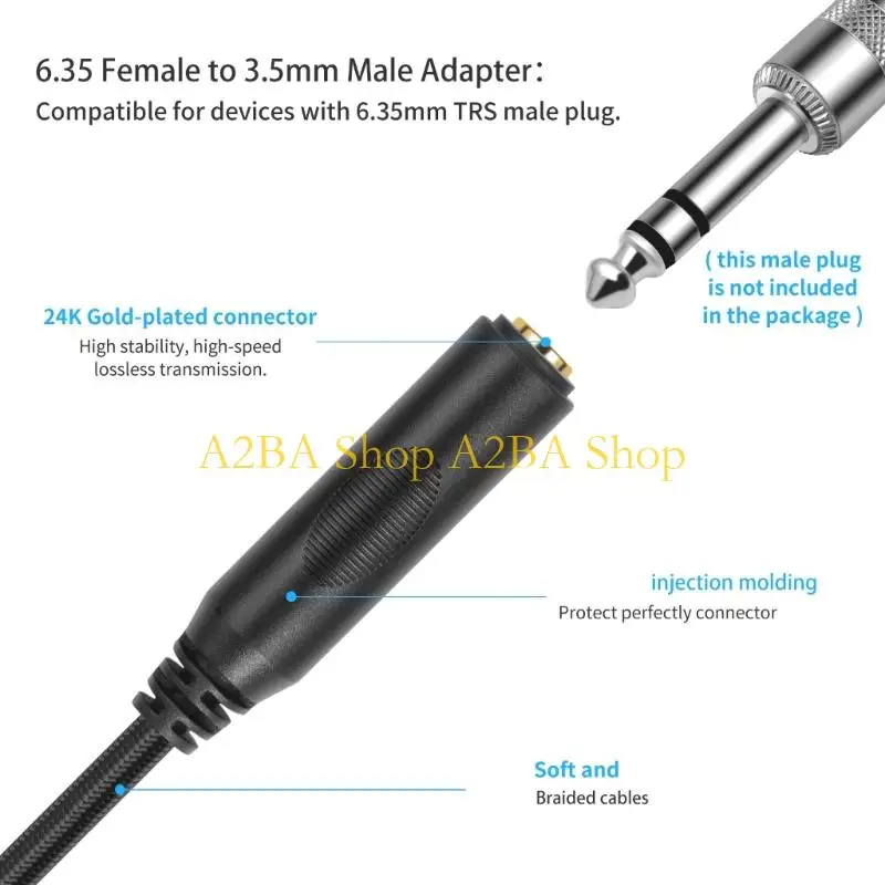 A2BA Gold Plate 3.5mm to 6.35mm Stereo Sound Adapter Cable Double Shielding Wire