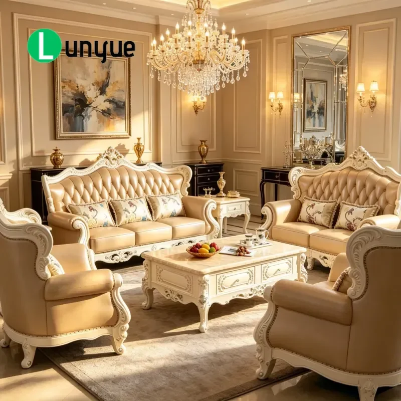 European Classic Solid Wood Carved Leather Sofa Set Luxury Living Room Furniture for Home Hotel Villa High Density Foam