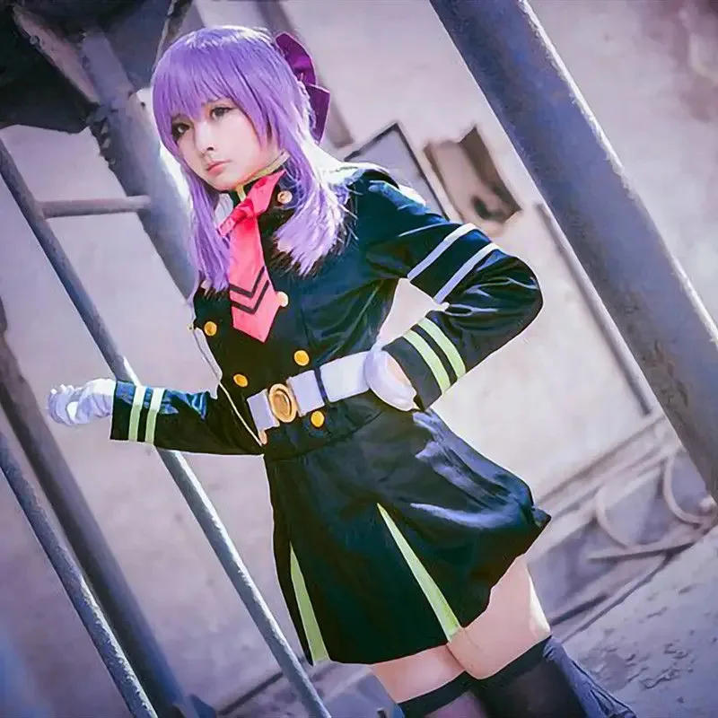 

Аниме «Серафим конца» Hiiragi Shinoa, полный комплект костюма для девочек и женщин, карнавальный костюм на Хэллоуин с фиолетовым париком