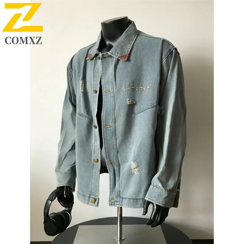 

Men's Loose Denim American Washed Jackets Versatile Outdoor Travel Stylish Camping Windbreaker Jacket Walking Comfortable Coat