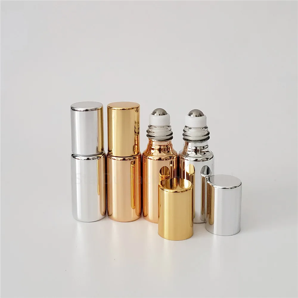 50pcs/lot 5ml gold/silvery Roll On Perfume bottle, 5cc Essential Oil Rollon bottles,  pearly-lustre Glass Roller Container