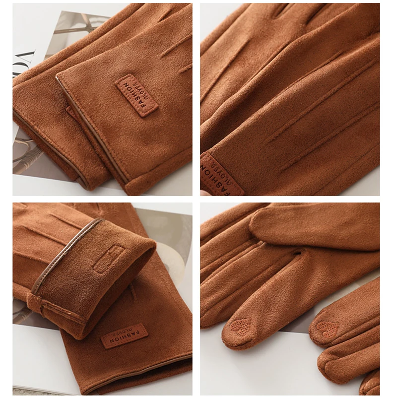 Autumn Winter Thin Not Bloated Suede Stripe Women's Gloves Keep Warm Touch Screen Elasticity Fashion Elegant Outdoor Cycling