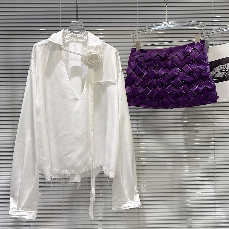 

Spring new women fashionable three-dimensional flower strap V-neck solid color shirt+woven satin short skirt two piece set