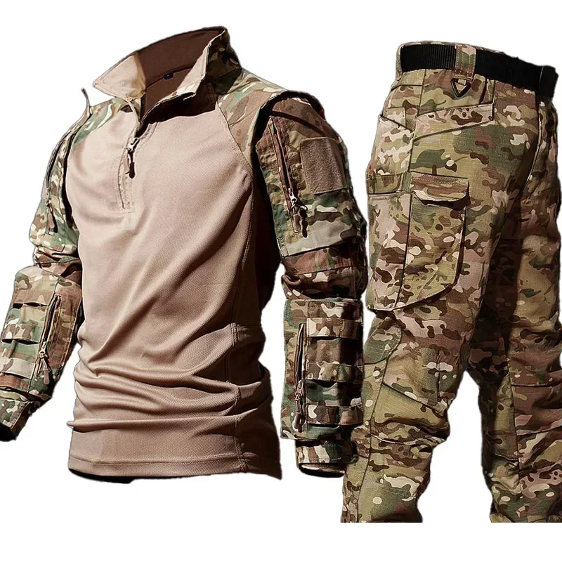 New Tactical Shirts Tactical Sets Men Outdoor Breathable Short Sleeve Tshirt+Waterproof Pant Suits Camo Multi-pocket Cargo Set