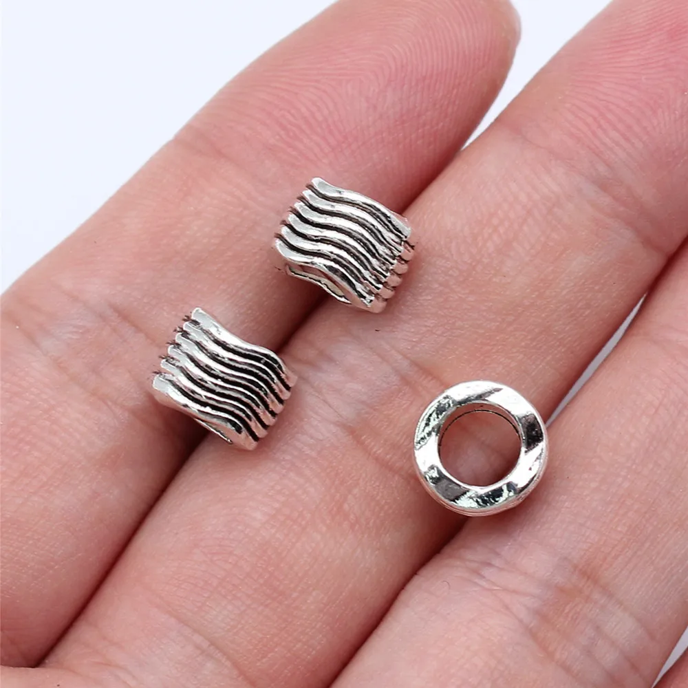 10pcs/lot 10x10x7mm Water ripple large hole beads For Jewelry Making Antique Silver Color 0.39x0.39x0.28inch