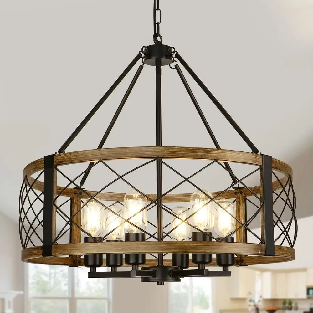 

6-Light Wood Grain Chandelier for Dining or Kitchen Island, 22.5 Rustic Drum Pendant Light for Entryway, Bedroom