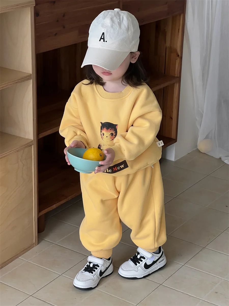 2024 Winter New Baby Plus Velvet Thick Warm Clothes Set Girls Cute Kitty Fleece Sweatshirt + Sweat Pants 2pcs Suit Kids Outfits