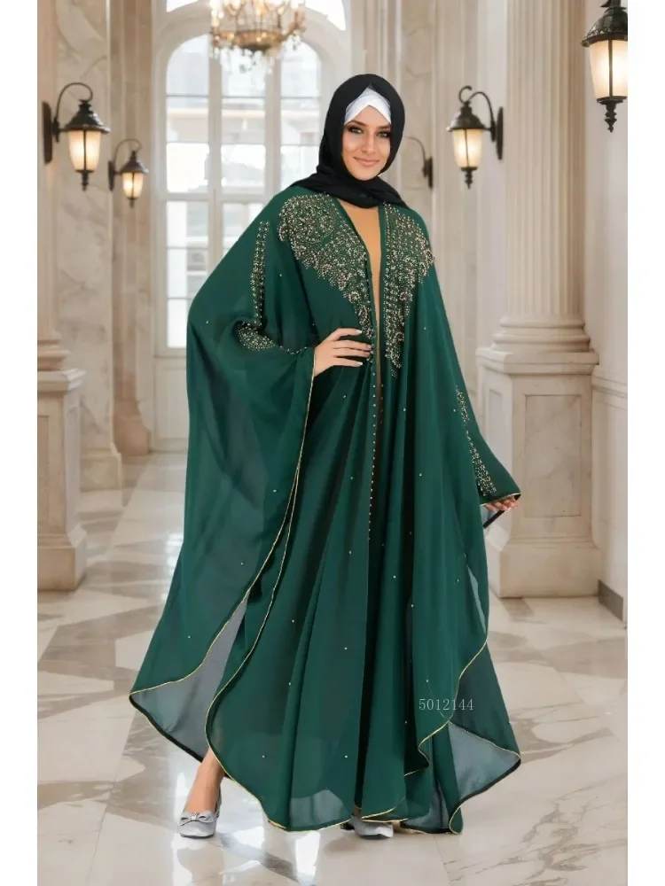 

Beaded Long Robe with Hat Middle East Style African Batwing Sleeve Shawl Large Cover up Polyester Chiffon Fabric for Women