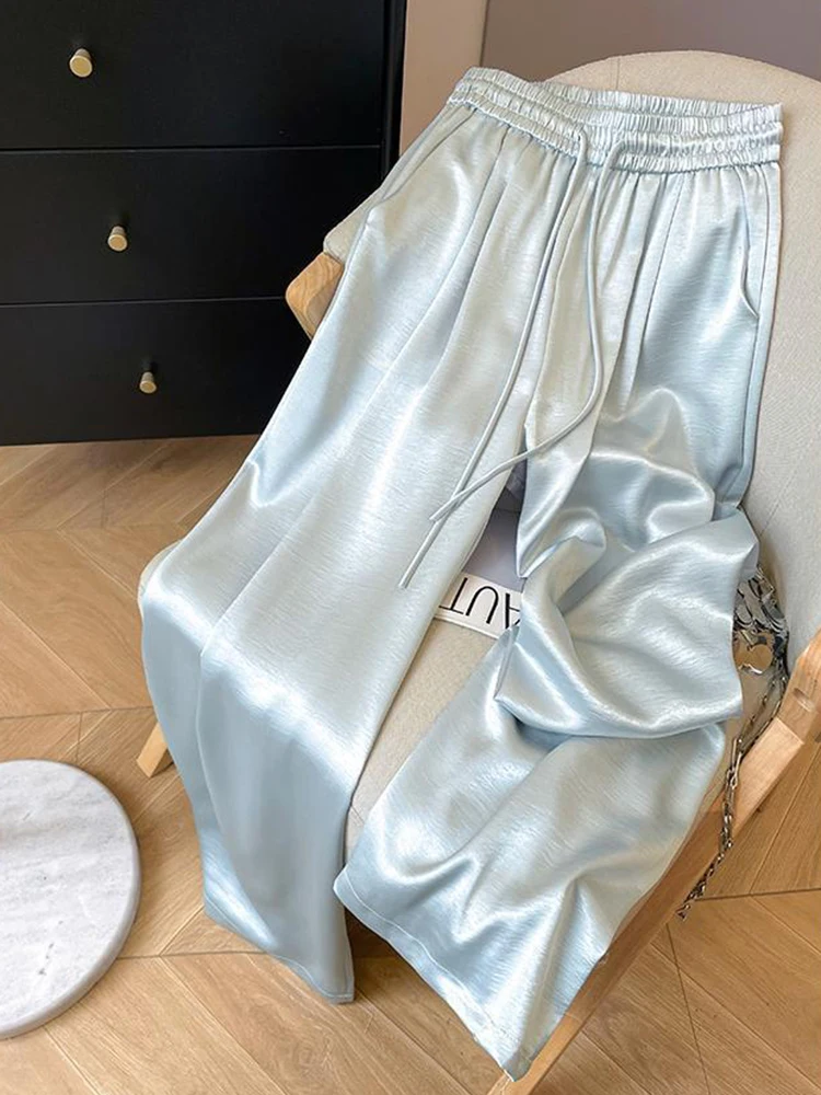 Fashion Satin Wide Leg Pants Women High Waist Chic Elegant Trousers Summer Casual Pockets Female Sweet Ins Soft Lace Up Pant New