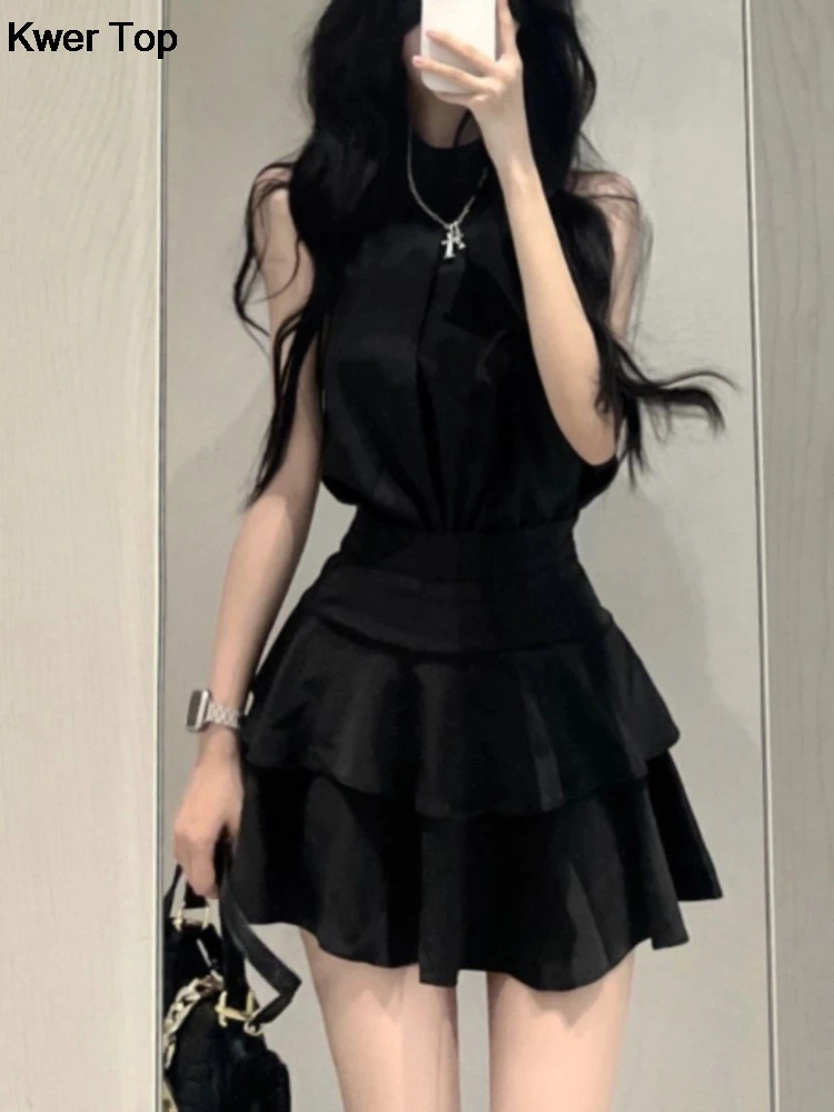 Black Y2k Skirt 2 Piece Sets 2024 Summer Women Korean Fashion Crop Blouse Ruffles Pleated Mini Skirts Outfits Female Clothing