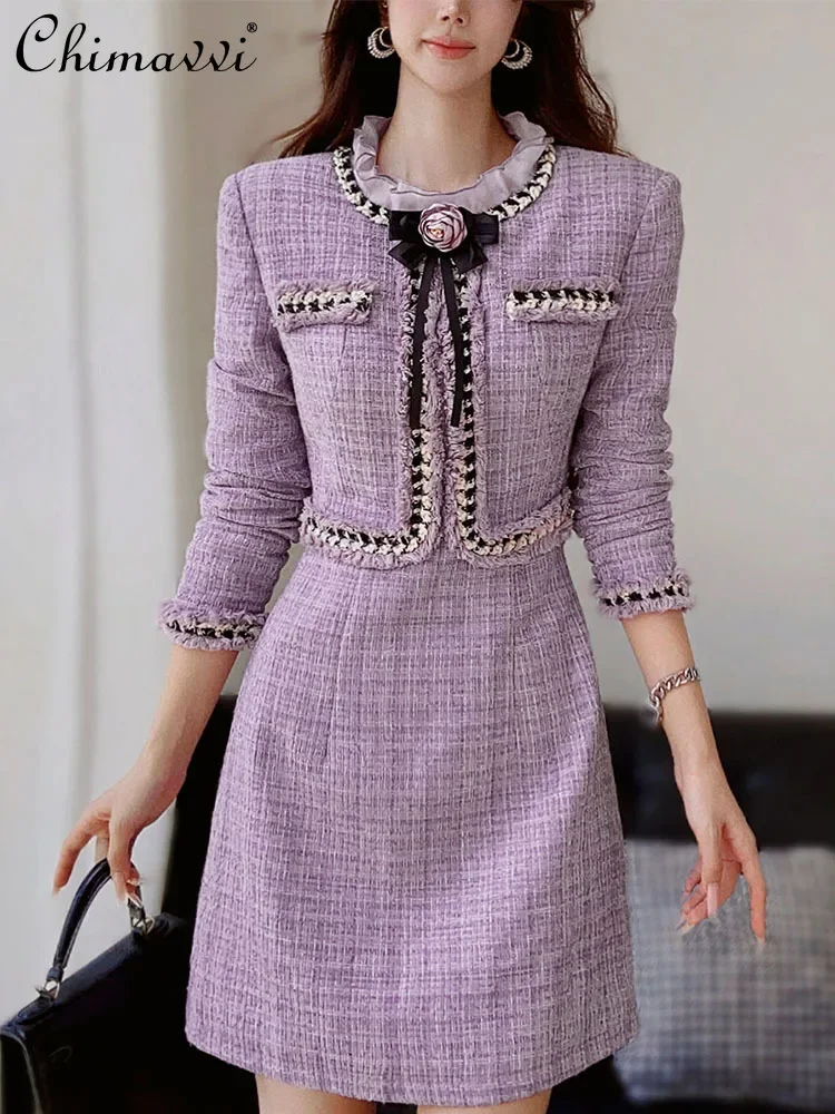 2024 Autumn Clothes New French Purple Fungus Collar Slim Dresses OL Elegant Long Sleeve Short Fake Two-piece Dress for Women