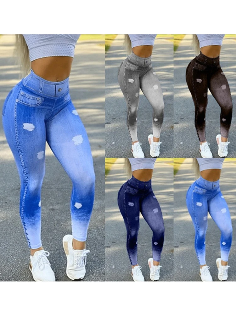 Sexy Faux Denim Jeans High Waist Leggings Pencil Pants Elastic Casual Trousers Girl Imitation Jean Jeggings