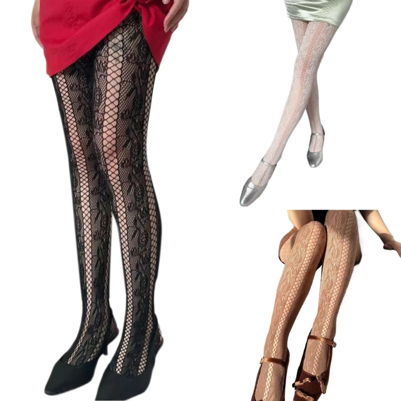 

Women French Style Vintage Fishnet Pantyhose Rose Flower Jacquard Patterned Sheer Mesh Tights Side Hollow Out Striped Stockings