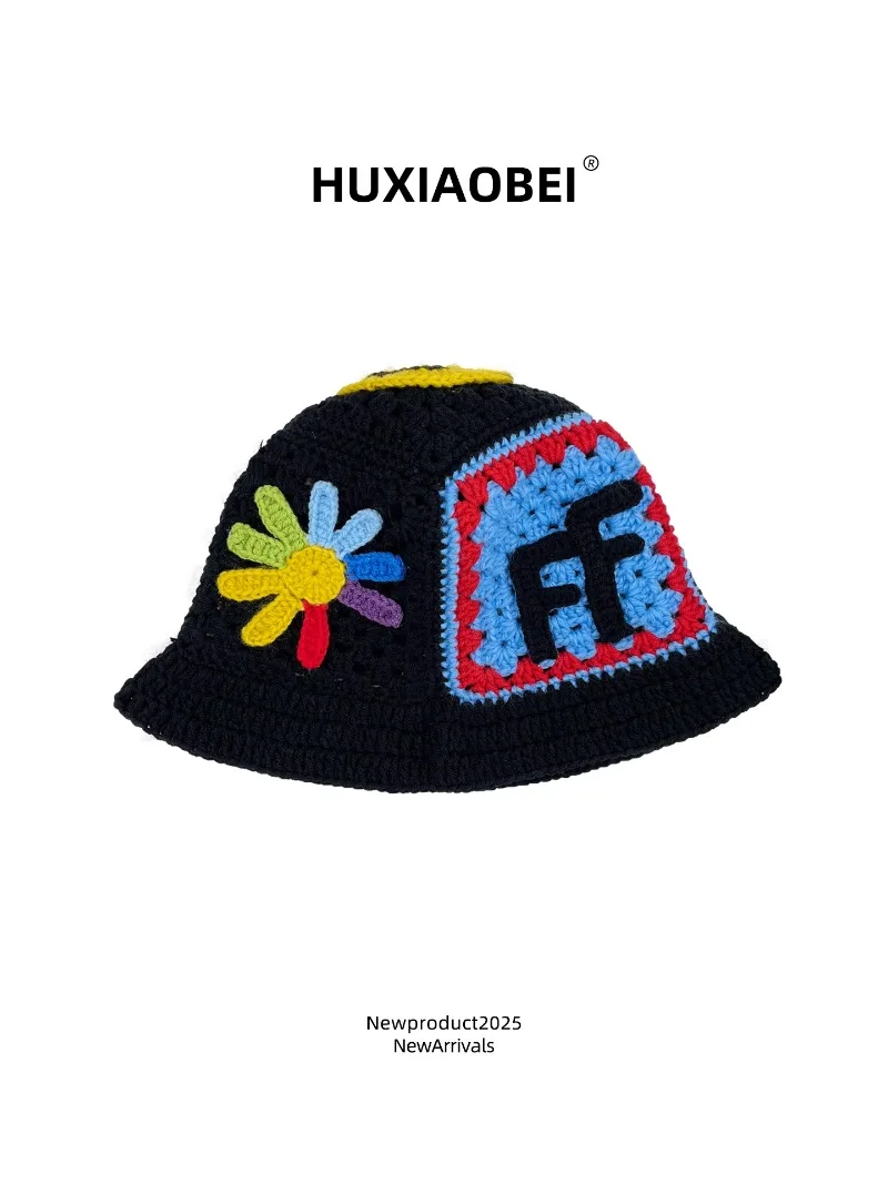 Korean Handmade Crocheted Flower Bucket Hat Women Spring Summer Travel Big Size Smile Face Personalized Knitted Bucket Hat view 4