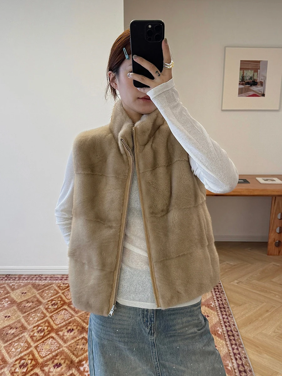 HDHOHR 2026 New High Quality Real Mink Fur Vast Full Pelt Fur Coats Fashion 100% Natural Mink Fur Jackets Winter Female Fur Vast