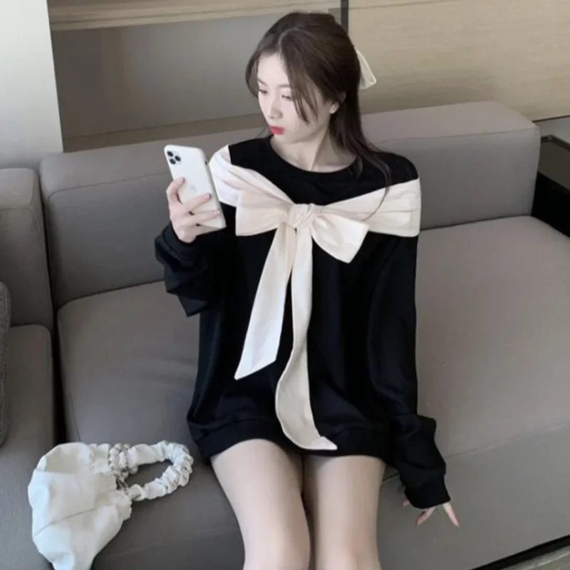 New Autumn Winter Korean Loose Fashion All-Match Long Sleeve Sweatshirt Shawl Bow Fake Two Pieces Hedging Women 2024 Pullover