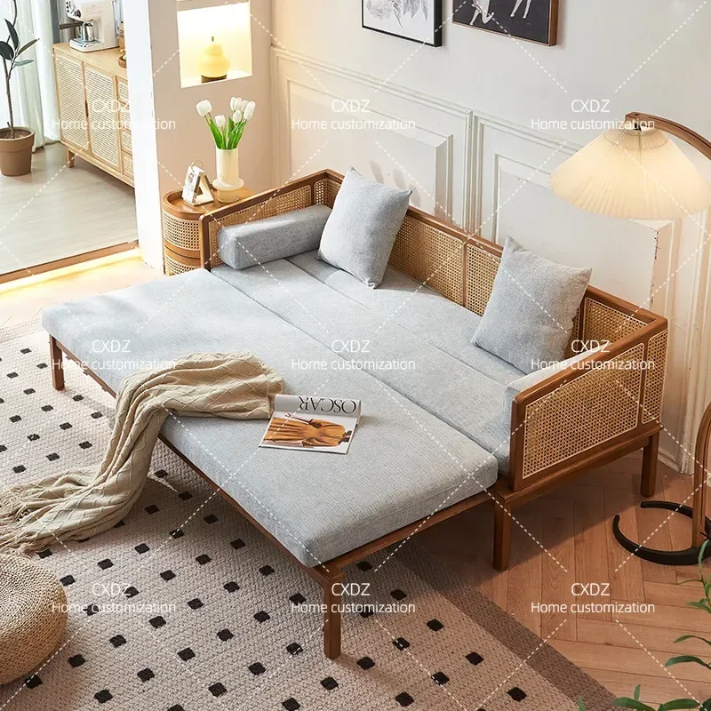New Chinese Style Rattan Solid Wood Sofa Bed Wabi Sabi Living Room Fabric Ash Wood Three Seater Removable Washable Dual