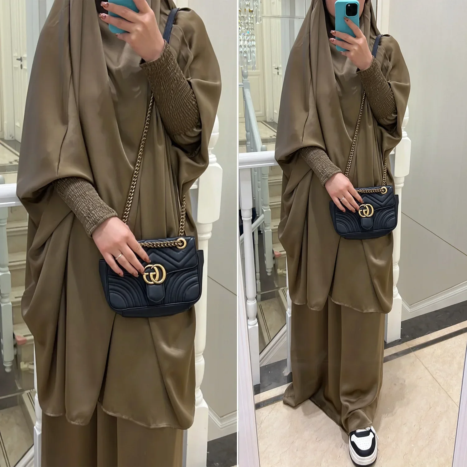 Satyna Abaya i Khimar zestaw dla kobiet Jilbab 2 sztuka islamska z kapturem Abayas Ramadan Eid muzułmańska modlitwa odzieży dubaj turcja Burqa