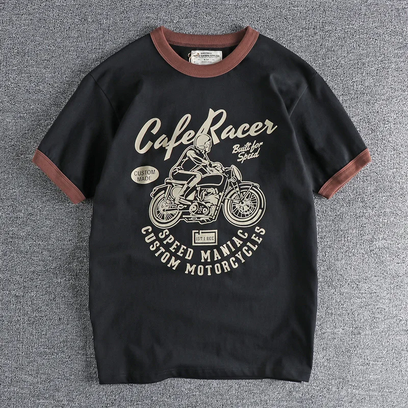 200gsm 100% Cotton Motorcycle Letter Printed t shirts for men Summer Loose Tees Tops 24SS Y2k Youth Male Vintage High Quality