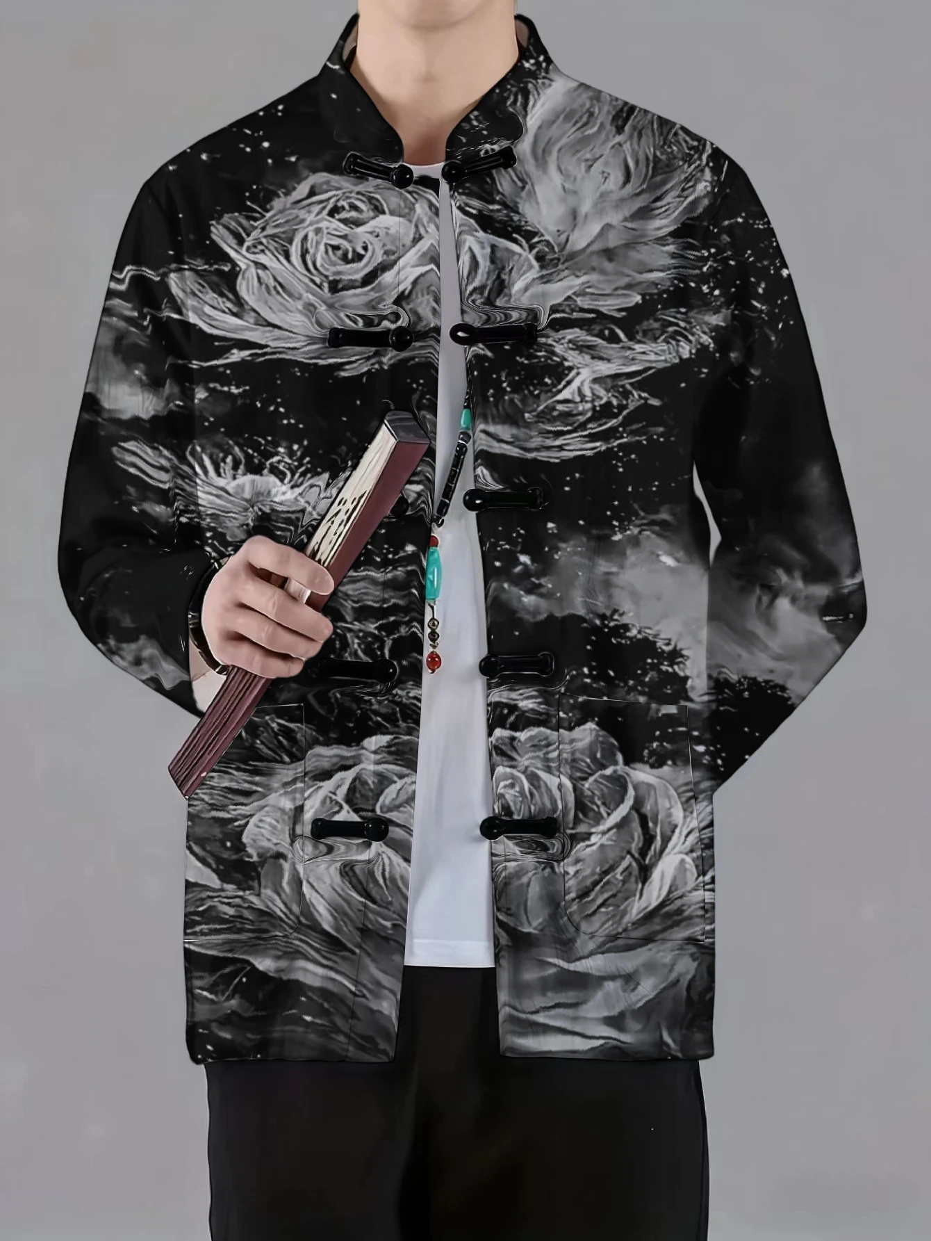 Men Mandarin Collar Frog Button Long Sleeve Jacket Crane Floral Art Print Traditional Outerwear